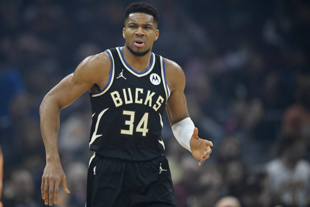 Milwaukee Bucks forward Giannis Antetokounmpo (34) stands on the court in the first quarter against the Cleveland Cavaliers at Rocket Arena.