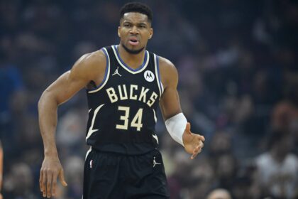 Milwaukee Bucks forward Giannis Antetokounmpo (34) stands on the court in the first quarter against the Cleveland Cavaliers at Rocket Arena.