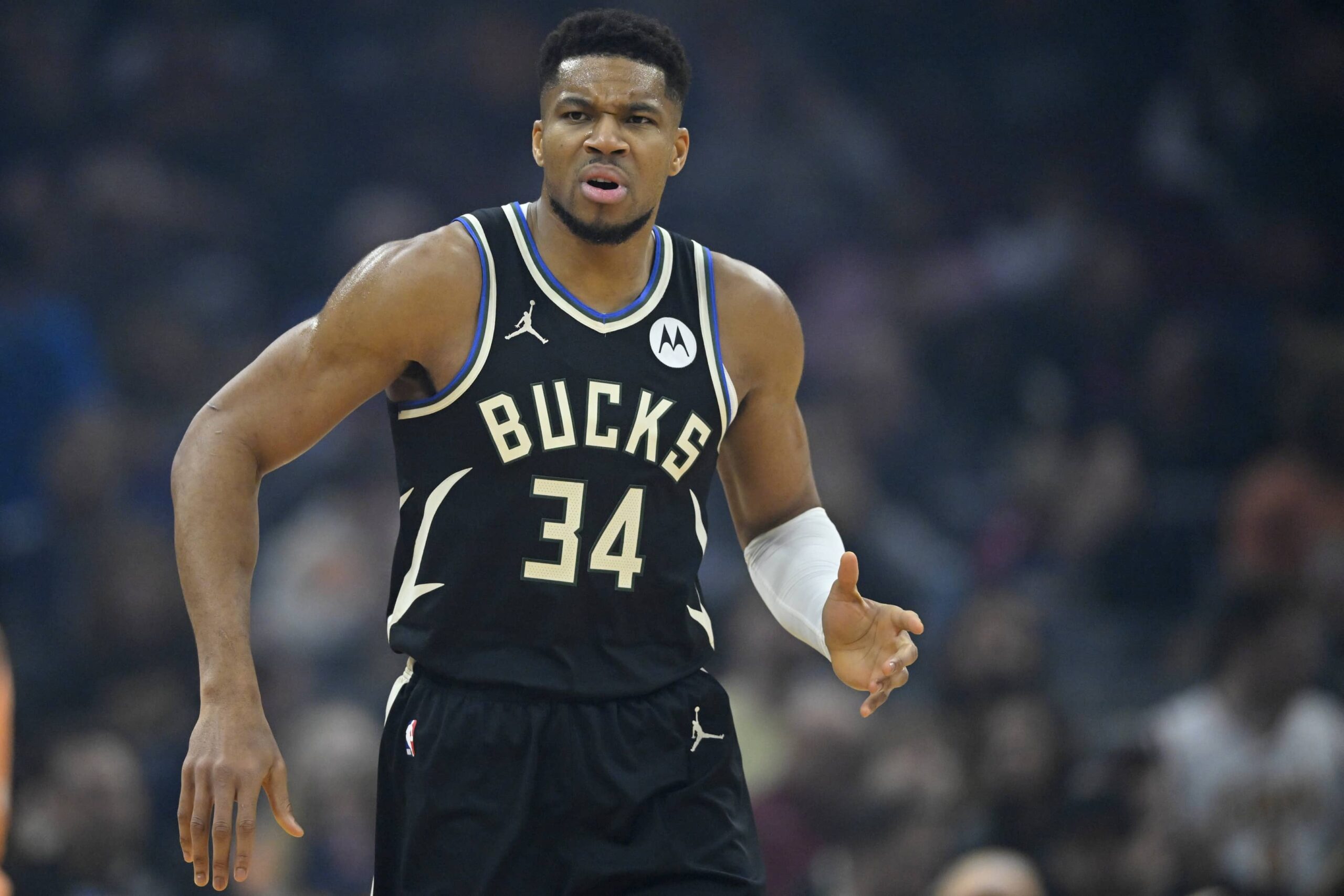 Milwaukee Bucks forward Giannis Antetokounmpo (34) stands on the court in the first quarter against the Cleveland Cavaliers at Rocket Arena.
