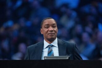 NBA great Isiah Thomas during the Slam Dunk Contest during the 2022 NBA All-Star Saturday Night at Rocket Mortgage Field House.