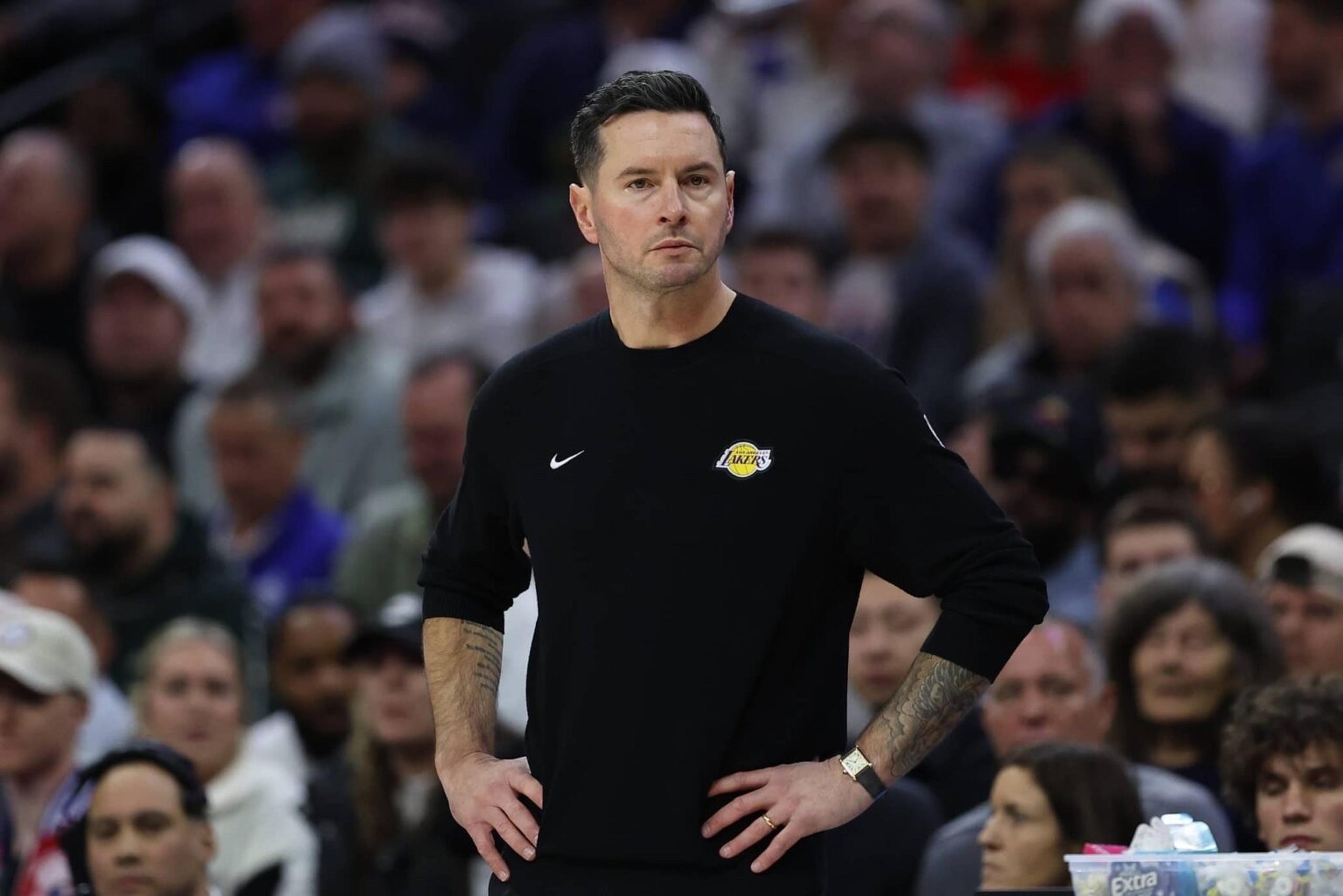Dec 7, 2025; Philadelphia, Pennsylvania, USA; Los Angeles Lakers head coach JJ Redick looks on during the second quarter against the Philadelphia 76ers at Xfinity Mobile Arena. Mandatory Credit: Bill Streicher-Imagn Images