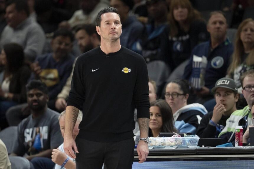 Oct 29, 2025; Minneapolis, Minnesota, USA; Los Angeles Lakers head coach JJ Redick looks on against the Minnesota Timberwolves in the second half at Target Center. Mandatory Credit: Jesse Johnson-Imagn Images