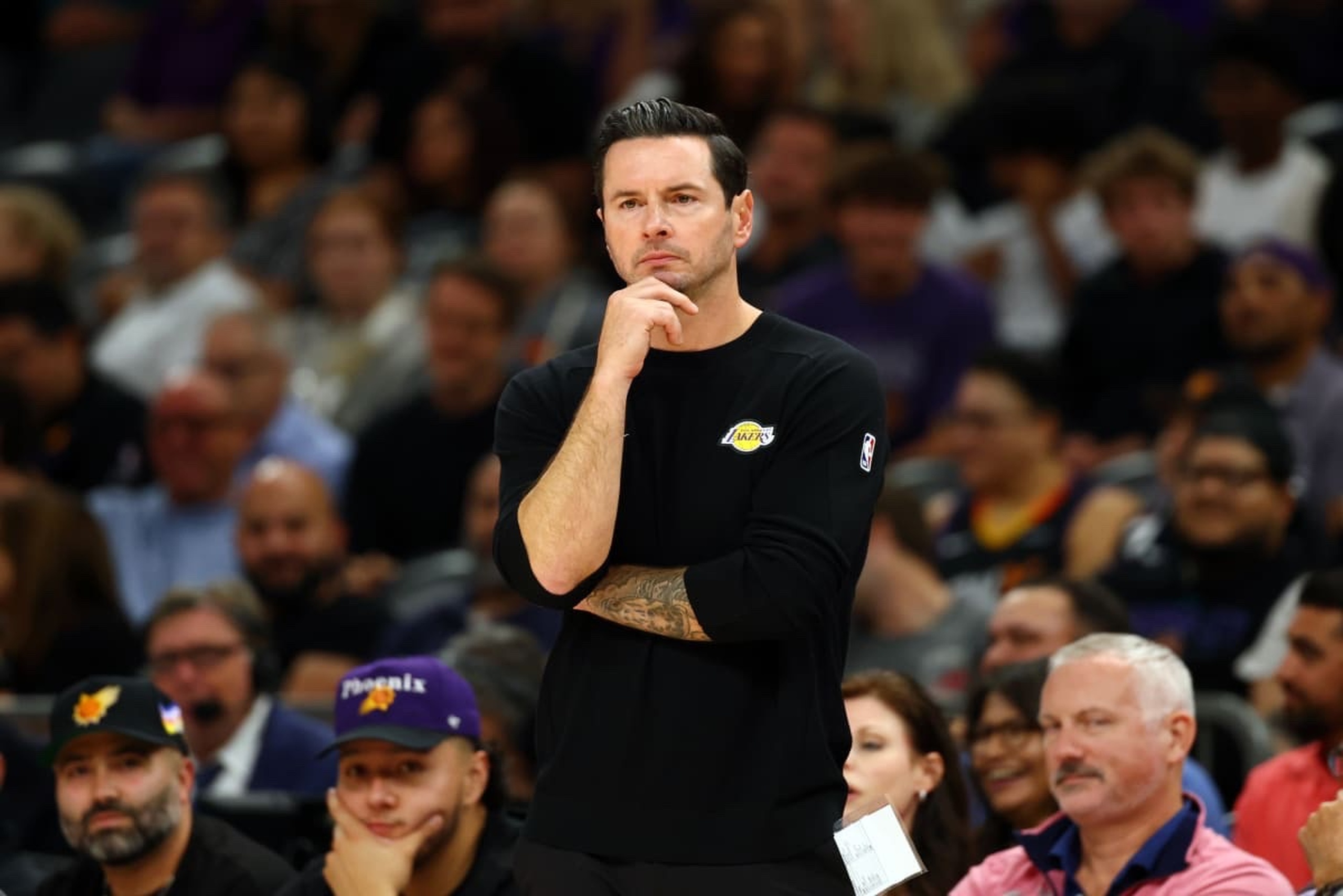 Oct 14, 2025; Phoenix, Arizona, USA; Los Angeles Lakers head coach JJ Redick against the Phoenix Suns during an NBA preseason game at Mortgage Matchup Center. Mandatory Credit: Mark J. Rebilas-Imagn Images