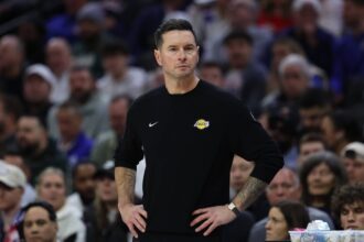 Philadelphia, Pennsylvania, USA; Los Angeles Lakers head coach JJ Redick looks on during the second quarter against the Philadelphia 76ers at Xfinity Mobile Arena. Mandatory Credit: Bill Streicher-Imagn Images