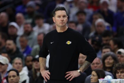 Philadelphia, Pennsylvania, USA; Los Angeles Lakers head coach JJ Redick looks on during the second quarter against the Philadelphia 76ers at Xfinity Mobile Arena. Mandatory Credit: Bill Streicher-Imagn Images