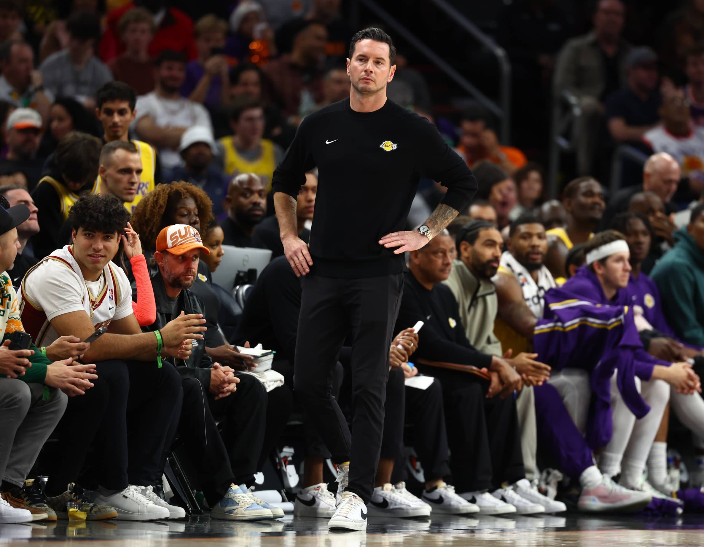 Dec 23, 2025; Phoenix, Arizona, USA; Los Angeles Lakers head coach JJ Redick against the Phoenix Suns at Mortgage Matchup Center. Mandatory Credit: Mark J. Rebilas-Imagn Images