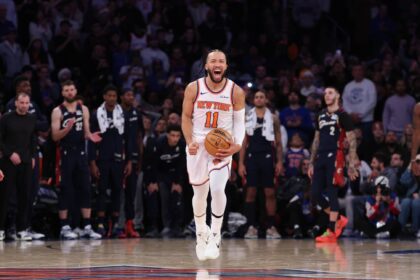 New York Knicks guard Jalen Brunson (11) reacts during the fourth quarter against the Cleveland Cavaliers at Madison Square Garden. Mandatory Credit: Vincent Carchietta-Imagn Images