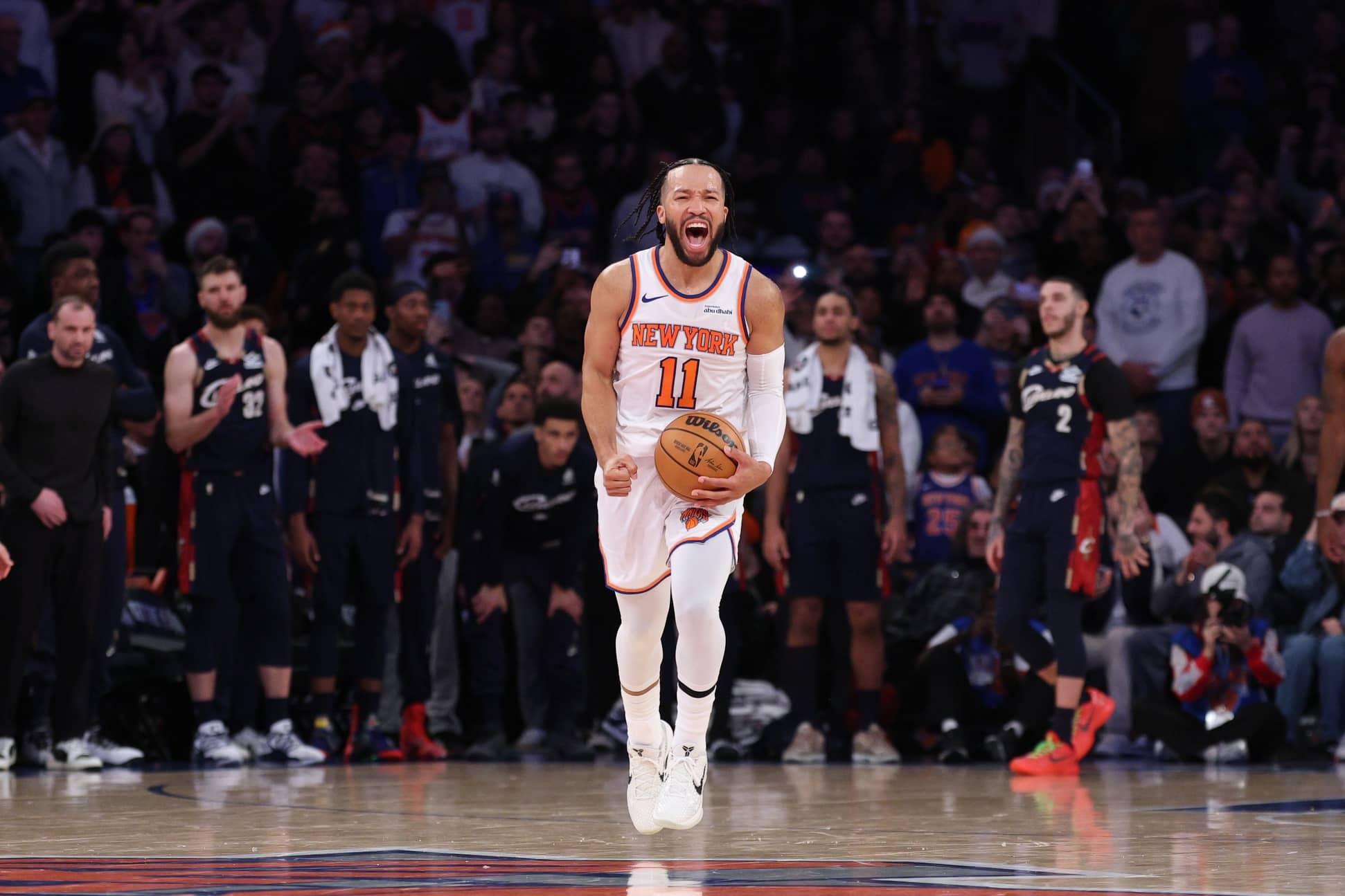 New York Knicks guard Jalen Brunson (11) reacts during the fourth quarter against the Cleveland Cavaliers at Madison Square Garden. Mandatory Credit: Vincent Carchietta-Imagn Images
