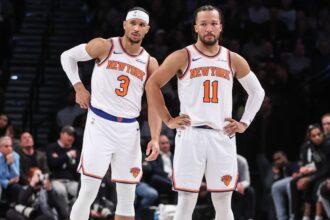 New York Knicks guards Josh Hart (3) and Jalen Brunson (11) at Barclays Center.