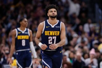 Denver, Colorado, USA; Denver Nuggets guard Jamal Murray (27) reacts after a play in the first quarter against the Utah Jazz at Ball Arena. Mandatory Credit: Isaiah J. Downing-Imagn Images
