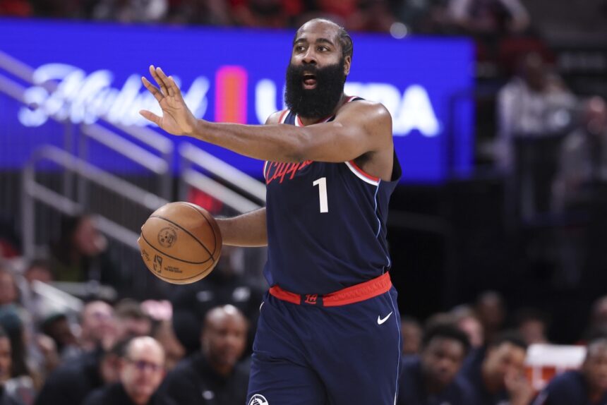 Dec 11, 2025; Houston, Texas, USA; Los Angeles Clippers guard James Harden (1) brings the ball up the court during the first quarter against the Houston Rockets at Toyota Center. Mandatory Credit: Troy Taormina-Imagn Images