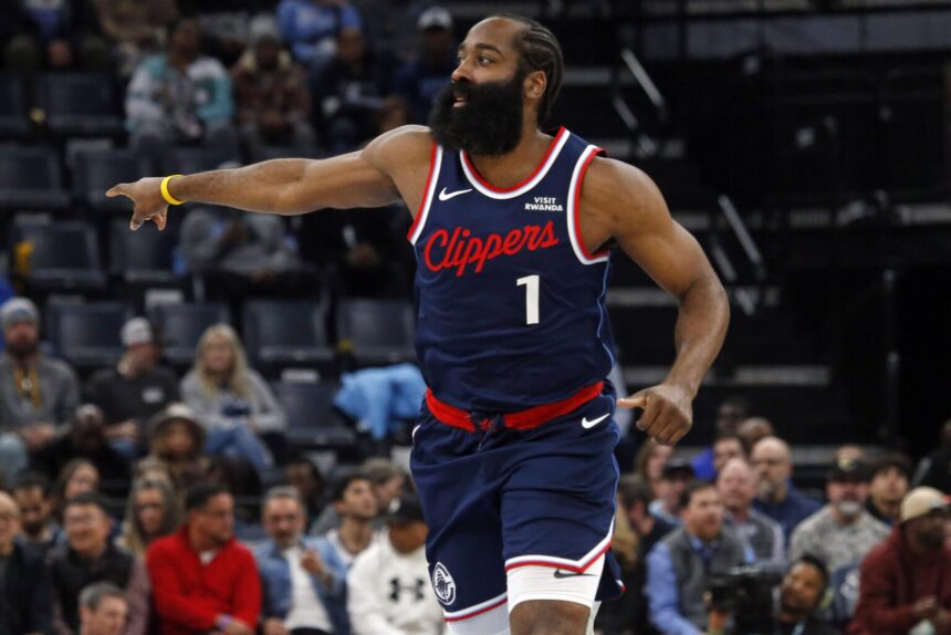 Dec 5, 2025; Memphis, Tennessee, USA; Los Angeles Clippers guard James Harden (1) reacts during the first quarter against the Memphis Grizzlies at FedExForum. Mandatory Credit: Petre Thomas-Imagn Images
