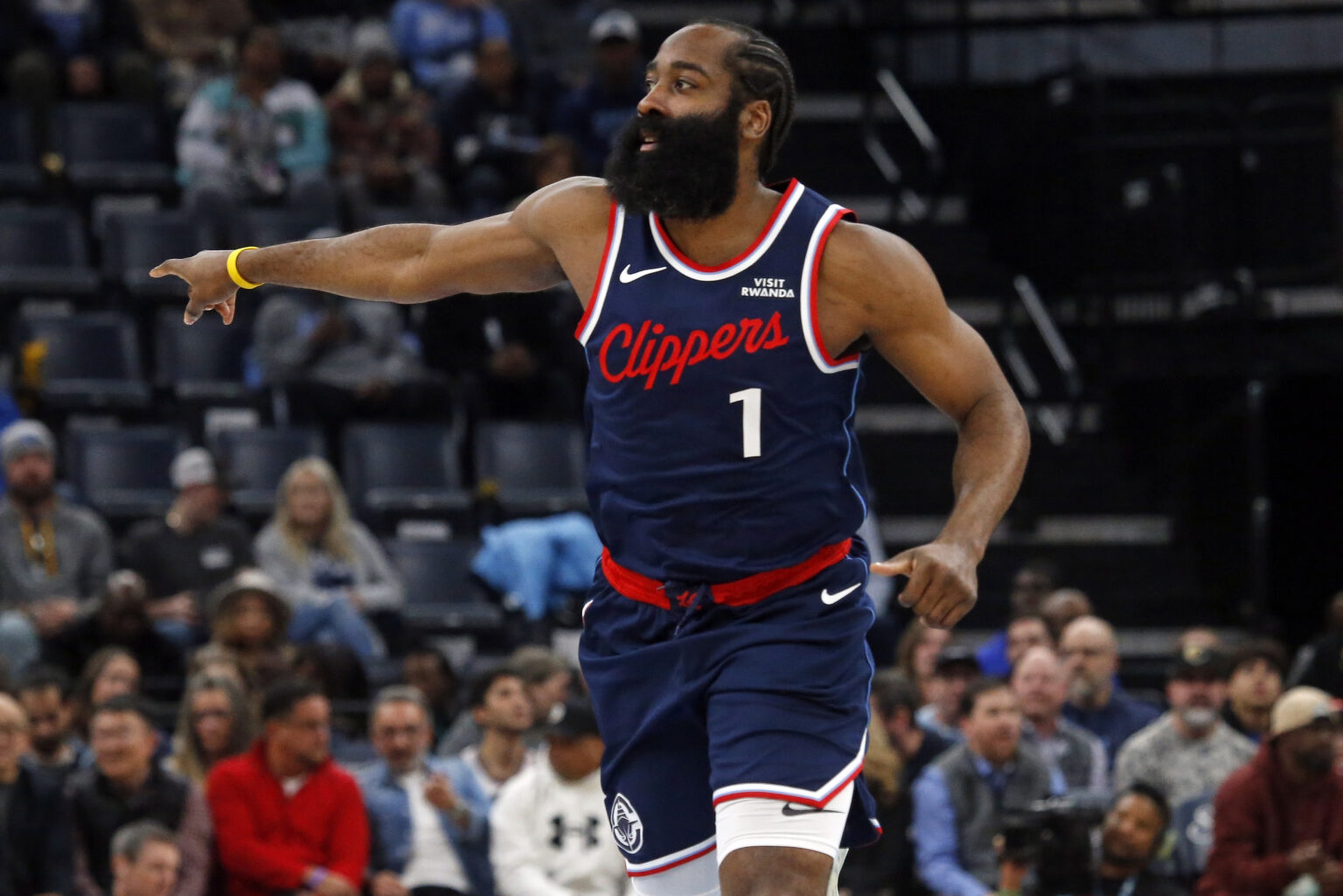 Dec 5, 2025; Memphis, Tennessee, USA; Los Angeles Clippers guard James Harden (1) reacts during the first quarter against the Memphis Grizzlies at FedExForum. Mandatory Credit: Petre Thomas-Imagn Images