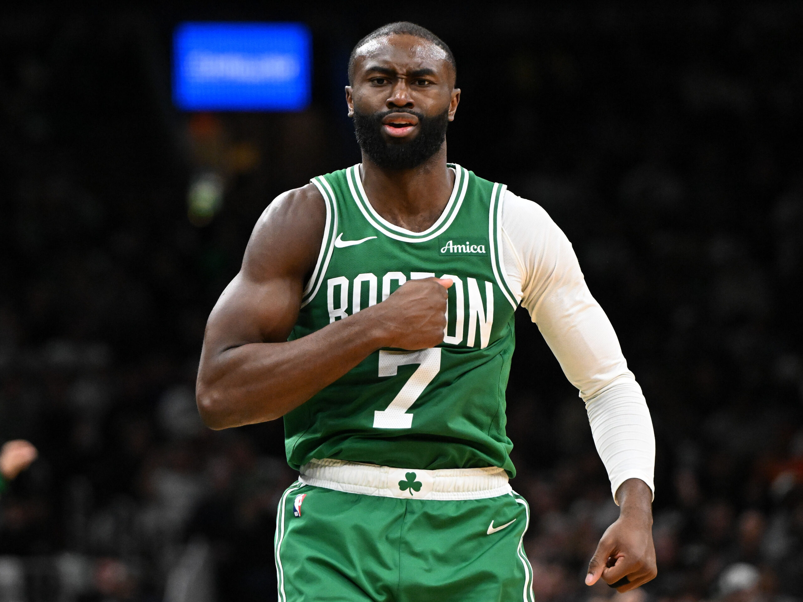 Boston, Massachusetts, USA; Boston Celtics guard Jaylen Brown (7) reacts after scoring against the New York Knicks during the second half at the TD Garden. Mandatory Credit: Brian Fluharty-Imagn Images