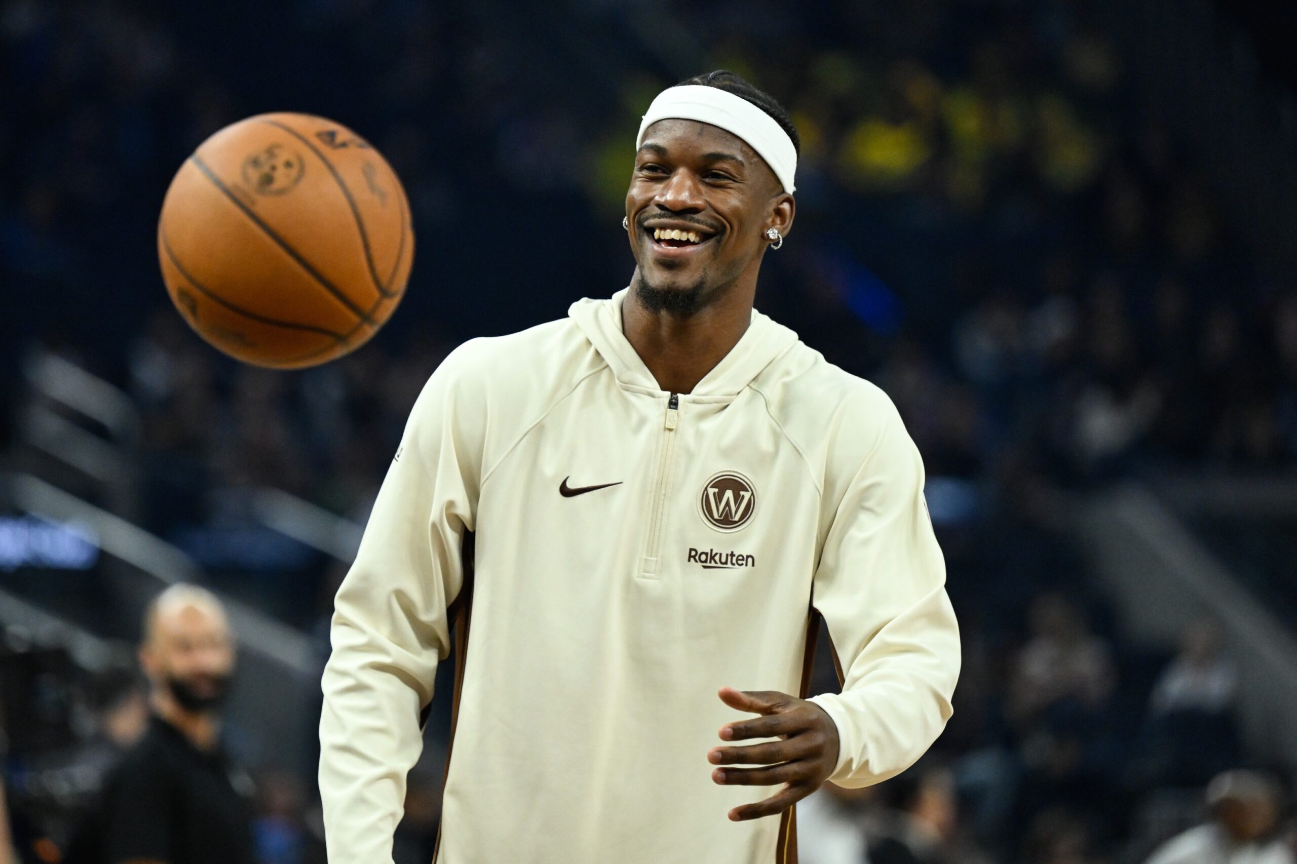 Dec 22, 2025; San Francisco, California, USA; Golden State Warriors forward Jimmy Butler III (10) smiles during warm ups before the game against the Orlando Magic at Chase Center. Mandatory Credit: Eakin Howard-Imagn Images