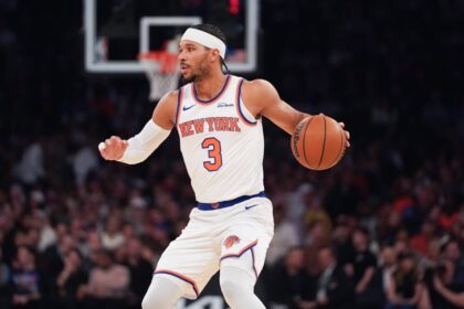 Nov 3, 2025; New York, New York, USA; New York Knicks guard Josh Hart (3) dribbles during the first half against the Washington Wizards at Madison Square Garden. Mandatory Credit: Lucas Boland-Imagn Images
