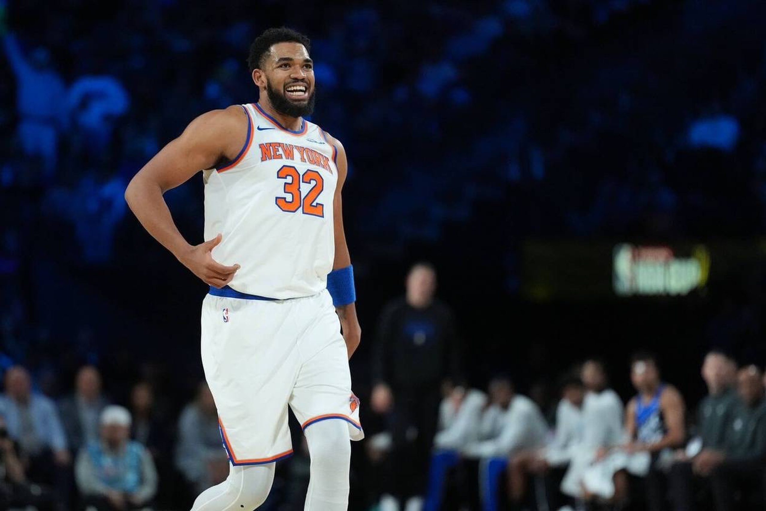 Dec 13, 2025; Las Vegas, Nevada, USA; New York Knicks center Karl-Anthony Towns (32) reacts on the court during the second quarter against against the Orlando Magic at T-Mobile Arena. Mandatory Credit: Kirby Lee-Imagn Images