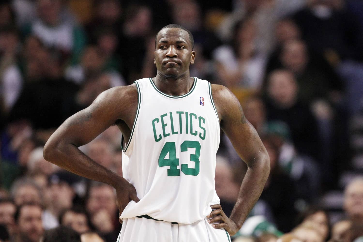Boston Celtics center Kendrick Perkins (43) during a break in the action as they take on the Philadelphia 76ers during the second quarter at the TD Banknorth Garden. Philadelphia defeated Boston 98-97.