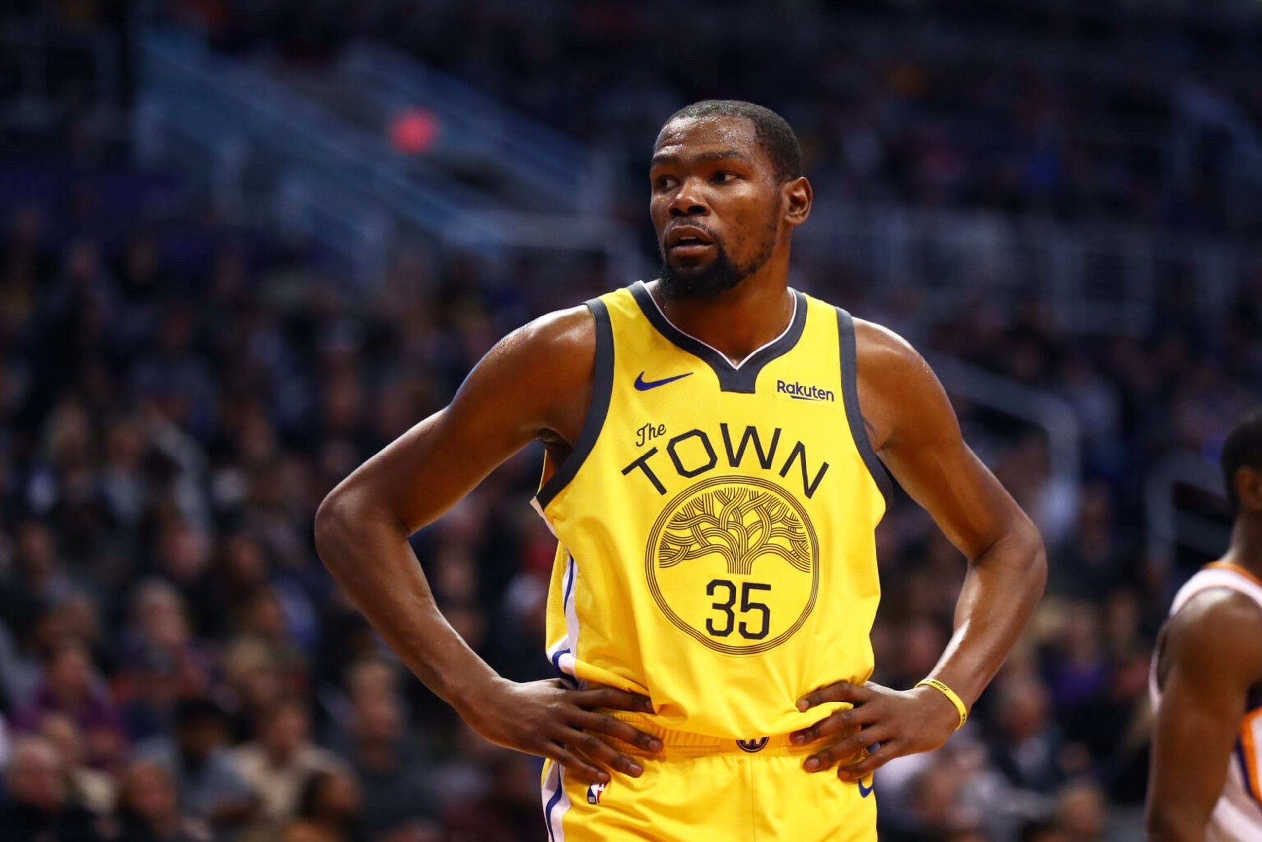 Dec 31, 2018; Phoenix, AZ, USA; Golden State Warriors forward Kevin Durant (35) against the Phoenix Suns at Talking Stick Resort Arena. Mandatory Credit: Mark J. Rebilas-Imagn Images