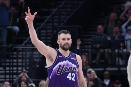 Salt Lake City, Utah, USA; Utah Jazz forward Kevin Love (42) reacts after a play against the Orlando Magic during overtime at Delta Center. Mandatory Credit: Rob Gray-Imagn Images