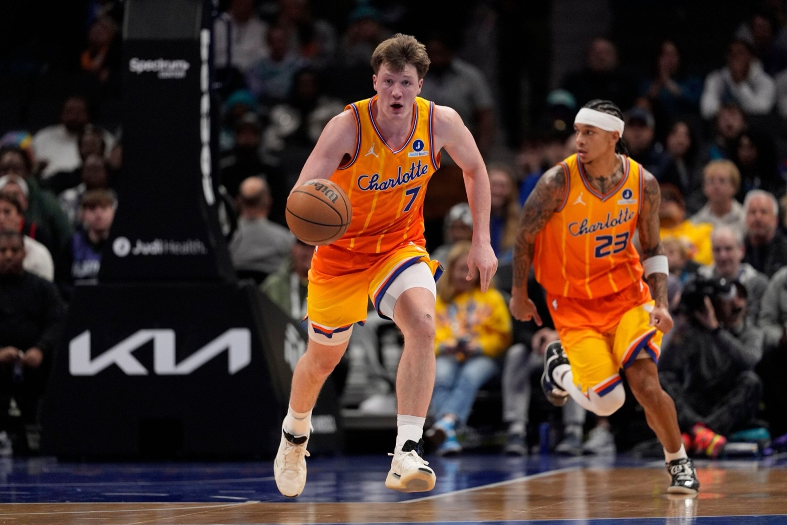 Nov 29, 2025; Charlotte, North Carolina, USA; Charlotte Hornets guard Kon Knueppel (7) brings the ball up court against the Toronto Raptors during the first quarter at Spectrum Center. Mandatory Credit: Jim Dedmon-Imagn Images