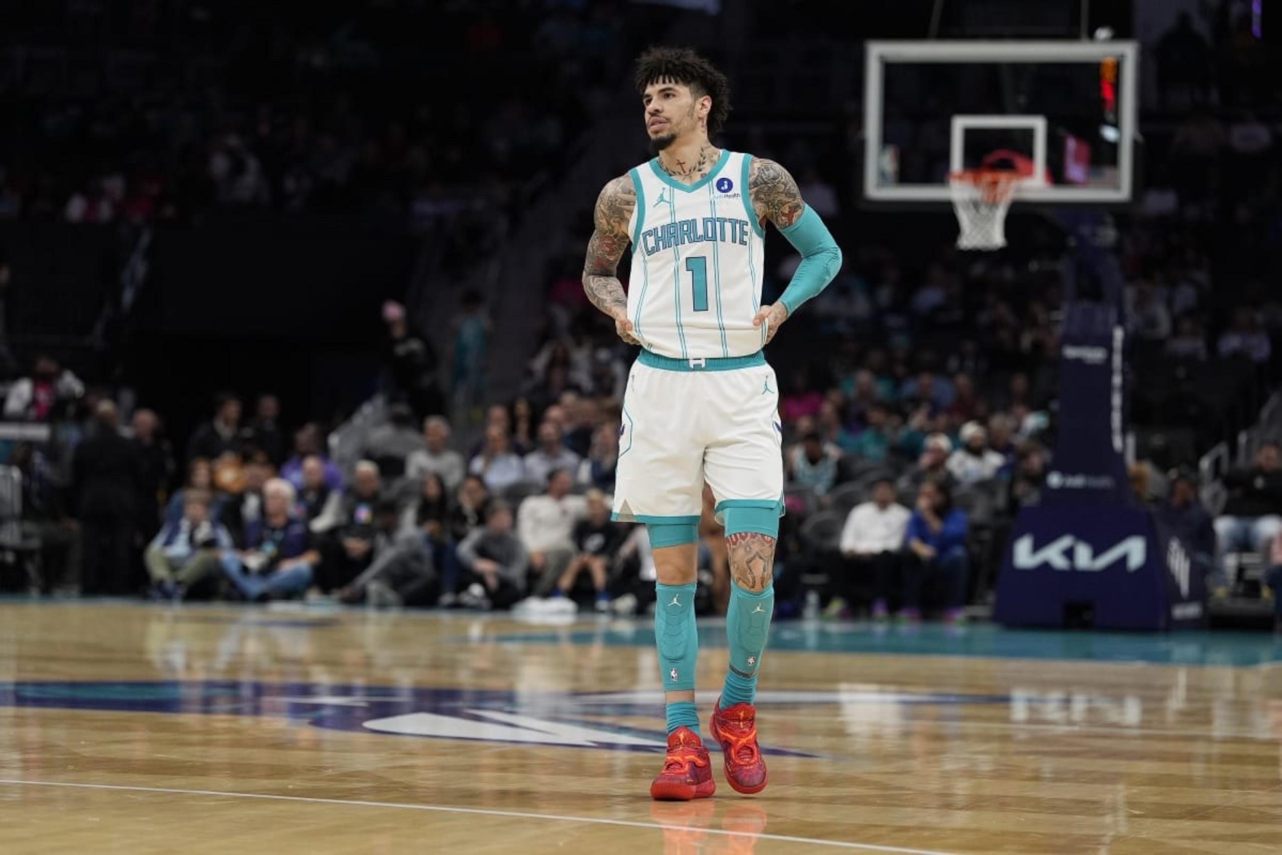 Oct 30, 2025; Charlotte, North Carolina, USA; Charlotte Hornets guard LaMelo Ball (1) during a free throw during the first quarter against the Orlando Magic at Spectrum Center. Mandatory Credit: Jim Dedmon-Imagn Images