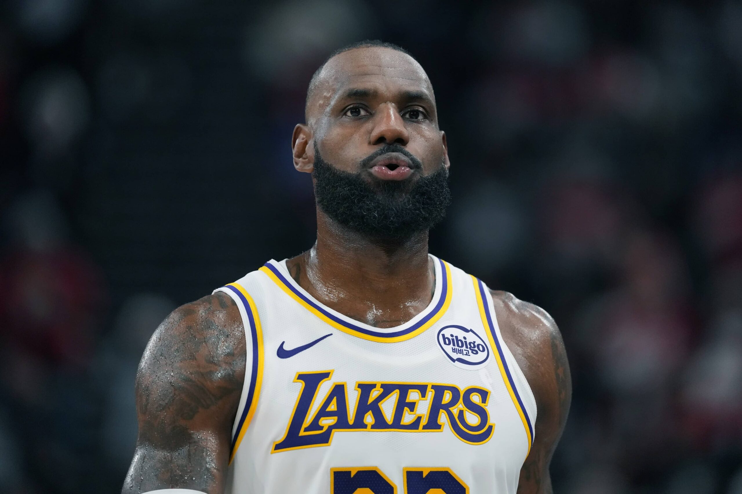 Los Angeles Lakers forward Lebron James (23) reacts against the LA Clippers in the second half at Intuit Dome.