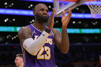 Los Angeles, California, USA; Los Angeles Lakers forward Lebron James (23) reacts after a missed basket during the second half against the San Antonio Spurs at Crypto.com Arena. Mandatory Credit: Jayne Kamin-Oncea-Imagn Images