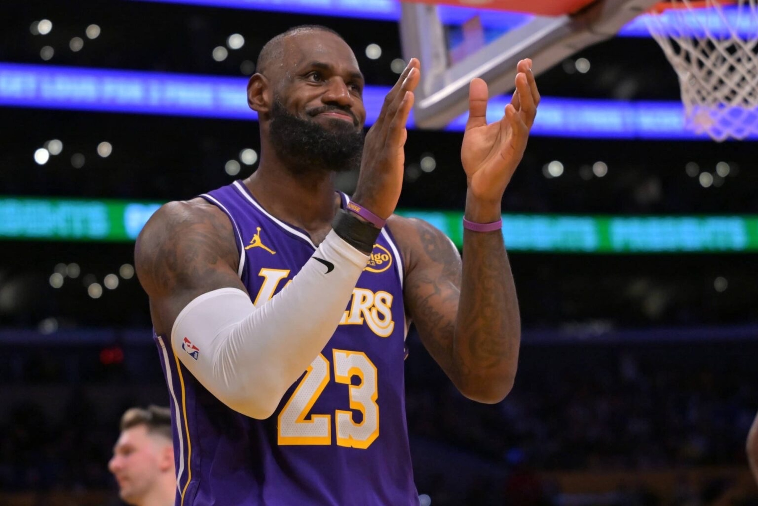Los Angeles, California, USA; Los Angeles Lakers forward Lebron James (23) reacts after a missed basket during the second half against the San Antonio Spurs at Crypto.com Arena. Mandatory Credit: Jayne Kamin-Oncea-Imagn Images