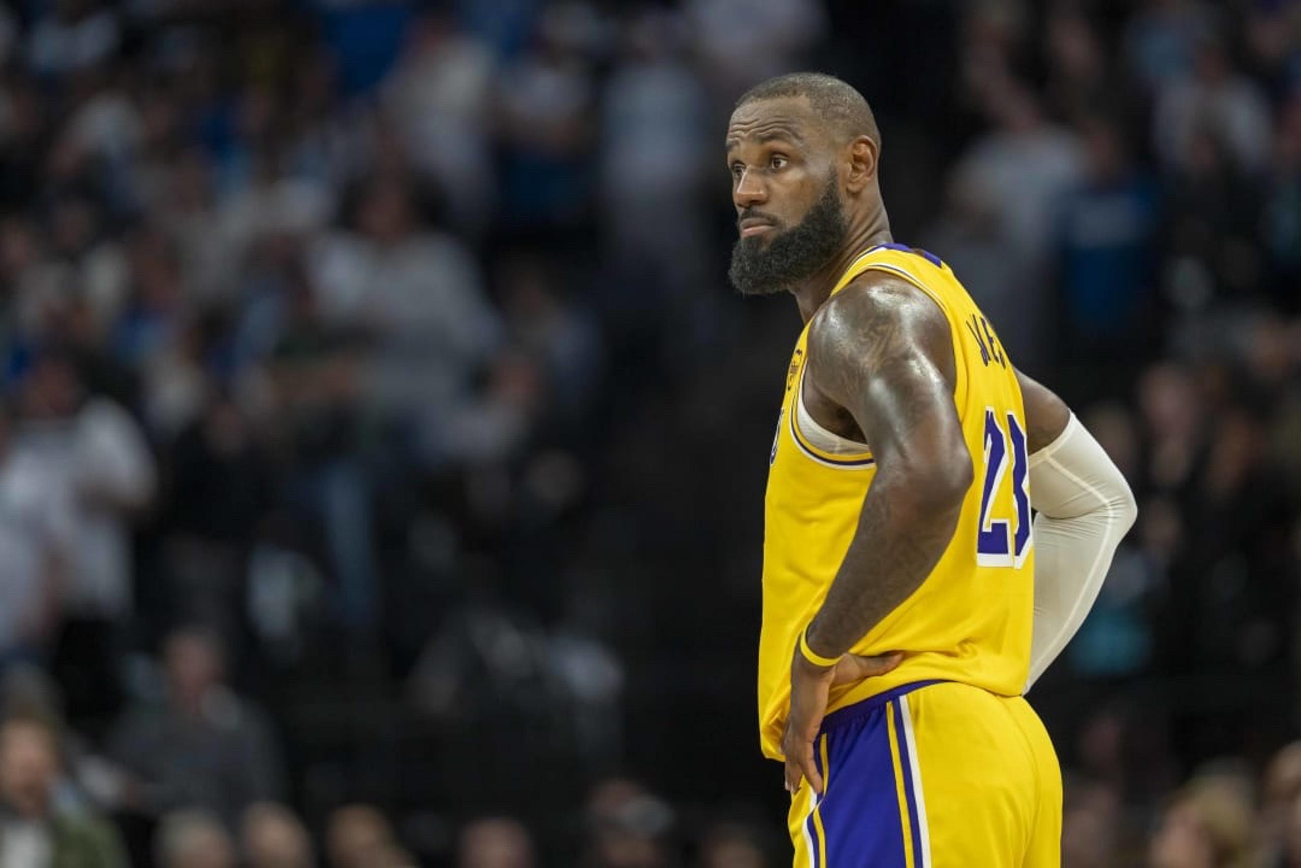 Apr 25, 2025; Minneapolis, Minnesota, USA; Los Angeles Lakers forward LeBron James (23) looks on against the Minnesota Timberwolves in the second half during game three of first round for the 2024 NBA Playoffs at Target Center. Mandatory Credit: Jesse Johnson-Imagn Images