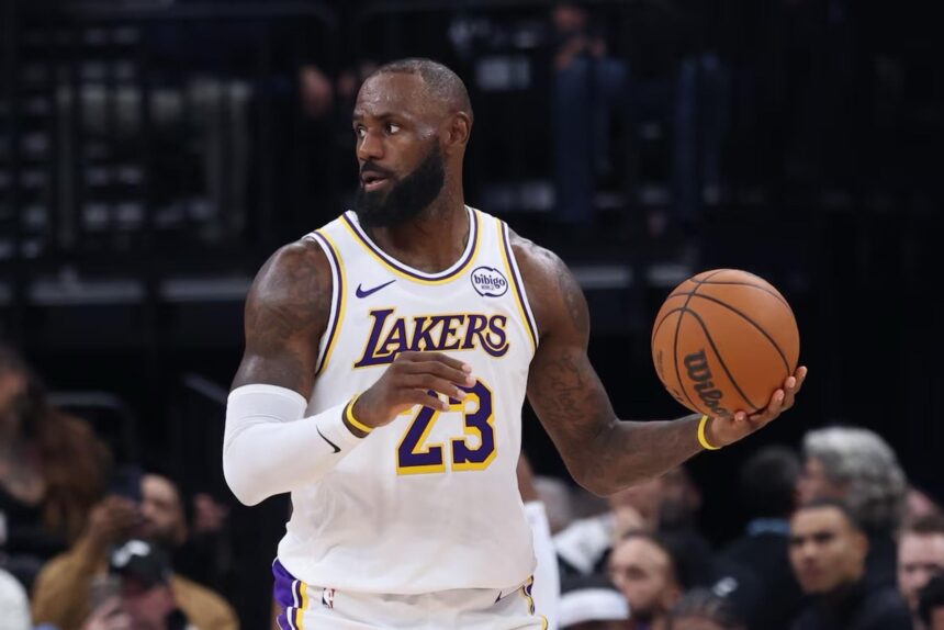 Nov 23, 2025; Salt Lake City, Utah, USA; Los Angeles Lakers forward LeBron James (23) looks for the play against the Utah Jazz during the second half at Delta Center. Mandatory Credit: Rob Gray-Imagn Images
