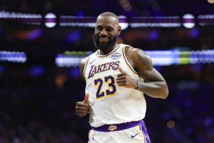 Philadelphia, Pennsylvania, USA; Los Angeles Lakers forward Lebron James (23) reacts after a play against the Philadelphia 76ers during the second quarter at Xfinity Mobile Arena. Mandatory Credit: Bill Streicher-Imagn Images
