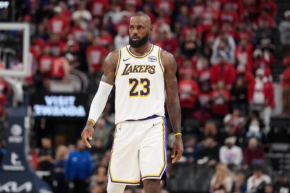 Los Angeles Lakers forward Lebron James (23) reacts against the LA Clippers in the second half at Intuit Dome.