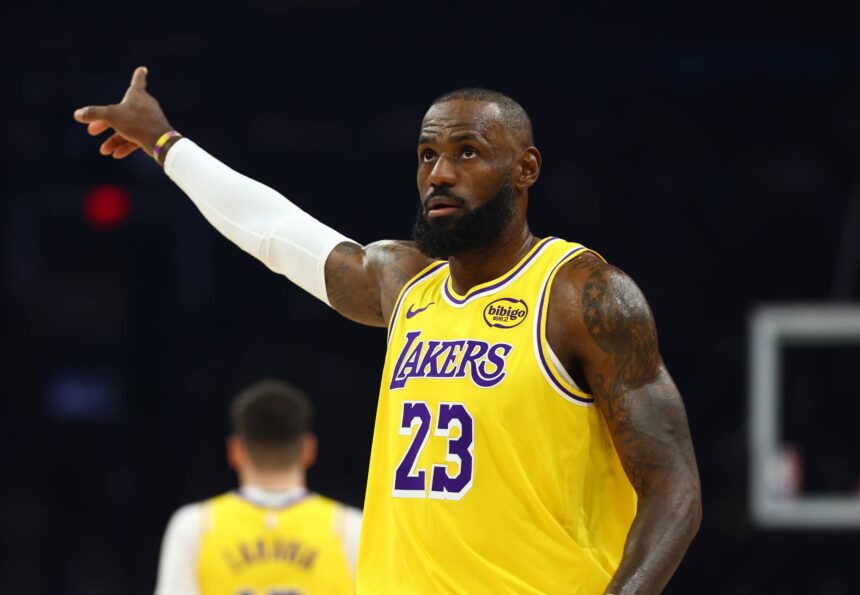 Los Angeles Lakers forward LeBron James (23) reacts against the Phoenix Suns at Mortgage Matchup Center.