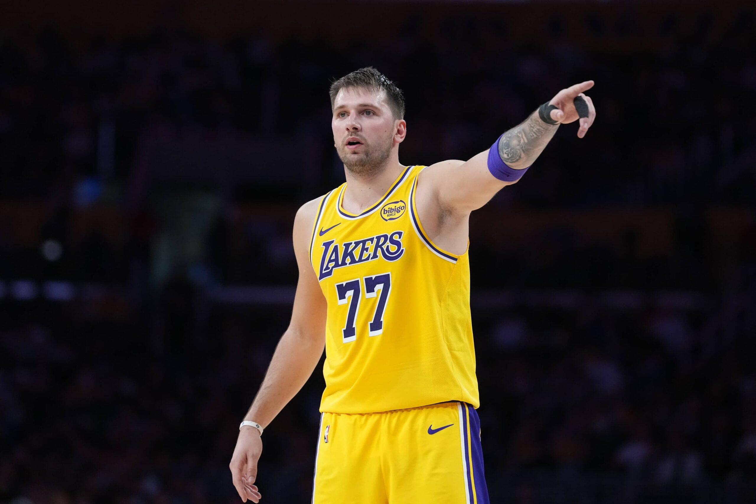 Los Angeles, California, USA; Los Angeles Lakers guard Luka Doncic (77) gestures in the second half against the Minnesota Timberwolves at Crypto.com Arena. Mandatory Credit: Kirby Lee-Imagn Images