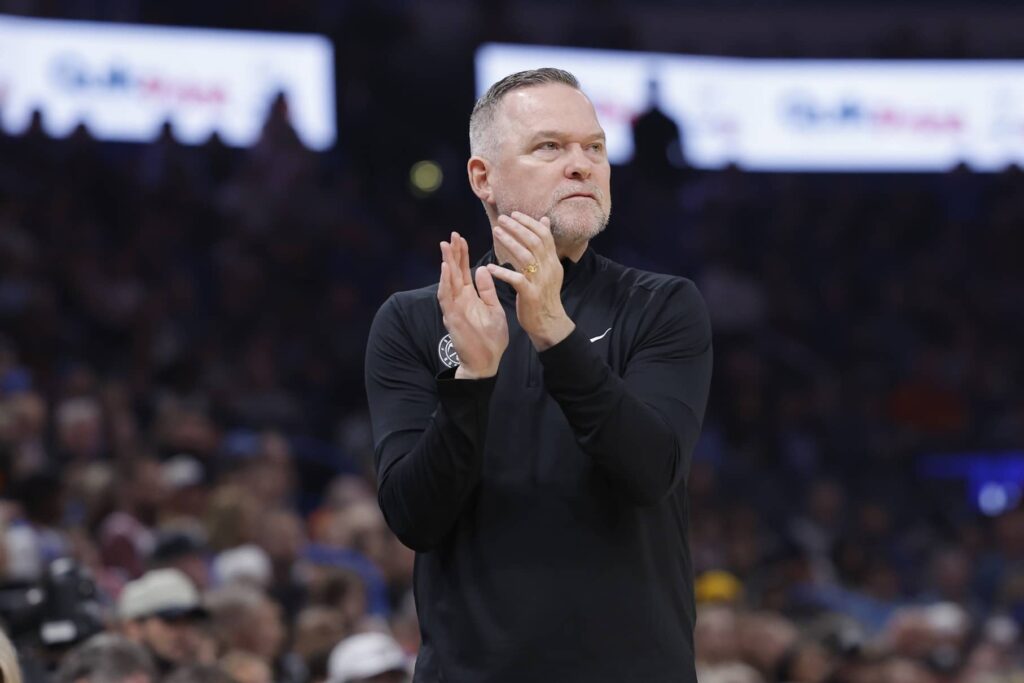 Denver Nuggets head coach Michael Malone watches his team play against the Oklahoma City Thunder during the first quarter at Paycom Center.