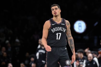 Dec 21, 2025; Brooklyn, New York, USA; Brooklyn Nets forward Michael Porter Jr. (17) reacts after making a shot against the Toronto Raptors during the first half at Barclays Center. Mandatory Credit: John Jones-Imagn Images