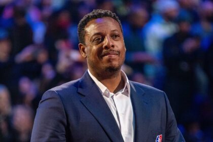 NBA great Paul Pierce is honored for being selected to the NBA 75th Anniversary Team during halftime in the 2022 NBA All-Star Game at Rocket Mortgage FieldHouse.