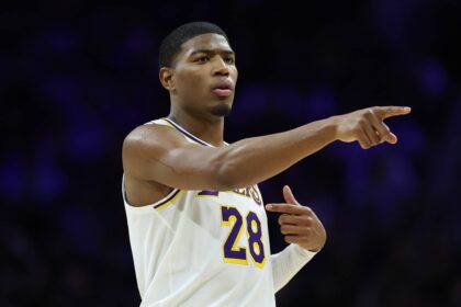 Los Angeles Lakers forward Rui Hachimura (28) reacts during the second quarter against the Philadelphia 76ers at Xfinity Mobile Arena.