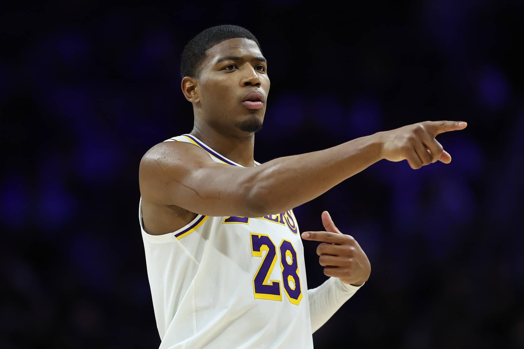Los Angeles Lakers forward Rui Hachimura (28) reacts during the second quarter against the Philadelphia 76ers at Xfinity Mobile Arena.
