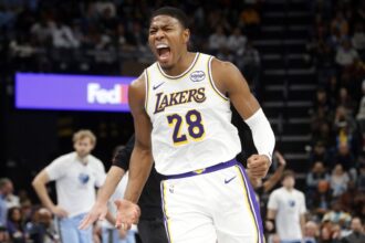 Memphis, Tennessee, USA; Los Angeles Lakers forward Rui Hachimura (28) reacts during the fourth quarter against the Memphis Grizzlies at FedExForum. Mandatory Credit: Petre Thomas-Imagn Images