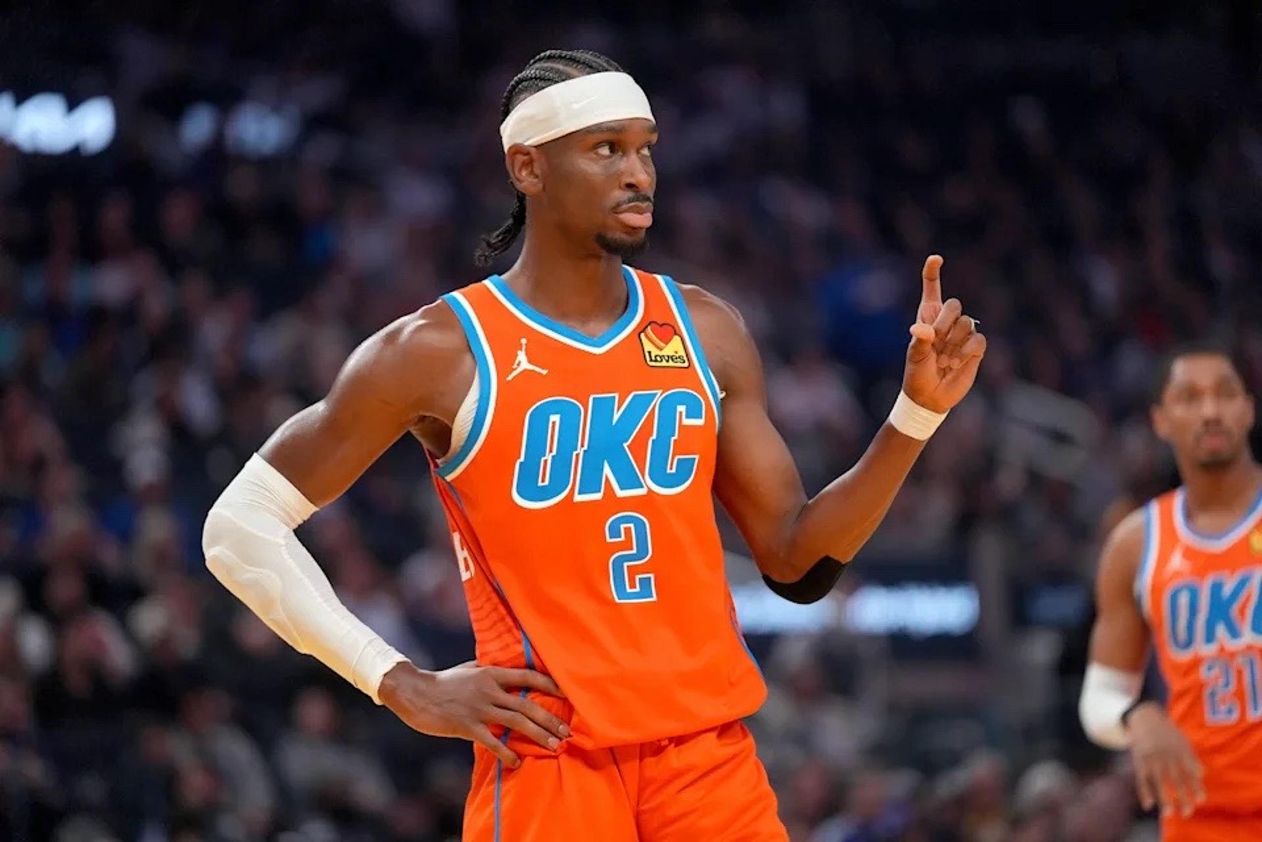Dec 2, 2025; San Francisco, California, USA; Oklahoma City Thunder guard Shai Gilgeous-Alexander (2) looks towards the team bench during a break in the action against the Golden State Warriors in the first quarter at the Chase Center. Mandatory Credit: Cary Edmondson-Imagn Images