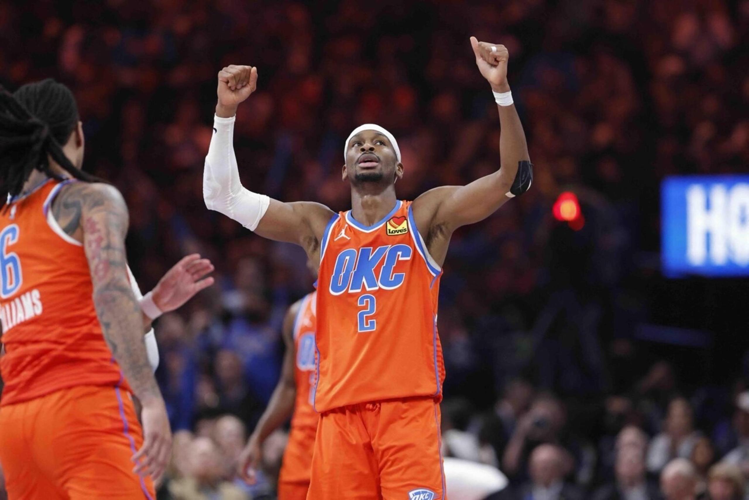 Nov 26, 2025; Oklahoma City, Oklahoma, USA; Oklahoma City Thunder guard Shai Gilgeous-Alexander (2) celebrates after scoring against the Minnesota Timberwolves during the second half at Paycom Center. Mandatory Credit: Alonzo Adams-Imagn Images