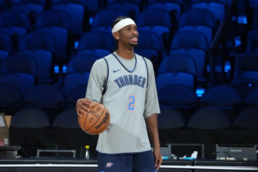 Dec 12, 2025; Las Vegas, NV, USA; Oklahoma City Thunder guard Shai Gilgeous-Alexander (2) reacts during practice prior to the Emirates Cup semifinals at T-Mobile Arena. Mandatory Credit: Kirby Lee-Imagn Images
