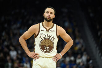 Dec 22, 2025; San Francisco, California, USA; Golden State Warriors guard Stephen Curry (30) looks on against the Orlando Magic in the second quarter at Chase Center. Mandatory Credit: Eakin Howard-Imagn Images