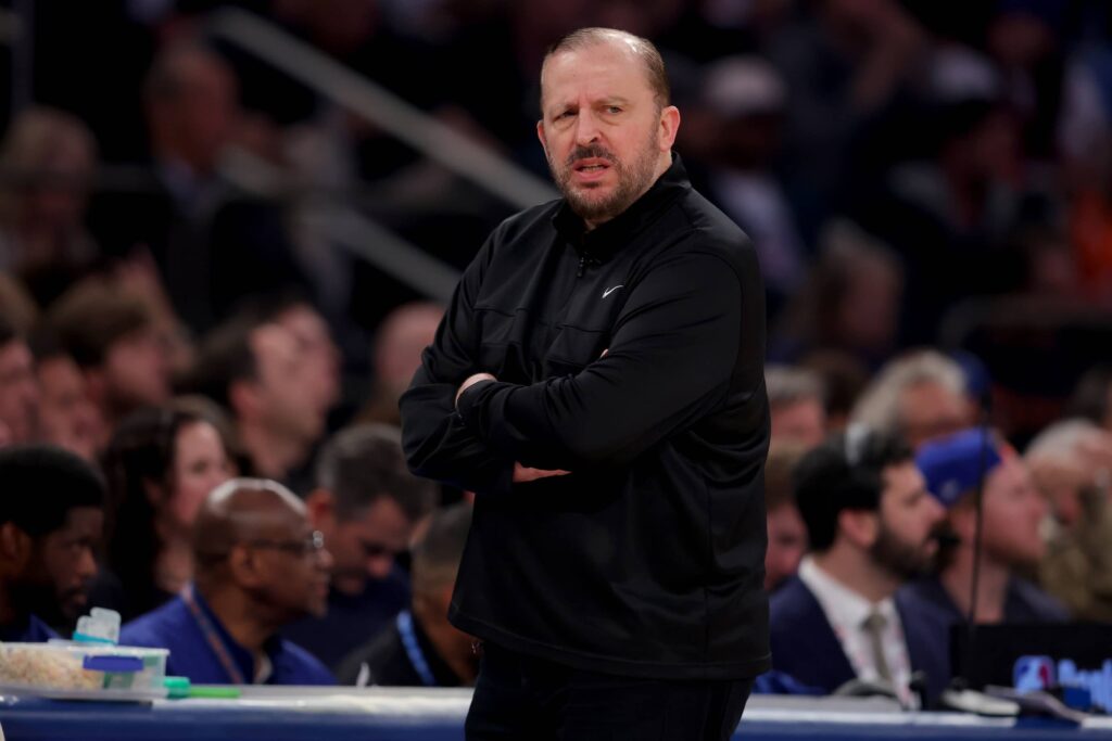 New York Knicks head coach Tom Thibodeau coaches against the Boston Celtics during the first quarter of game six in the second round of the 2025 NBA Playoffs at
