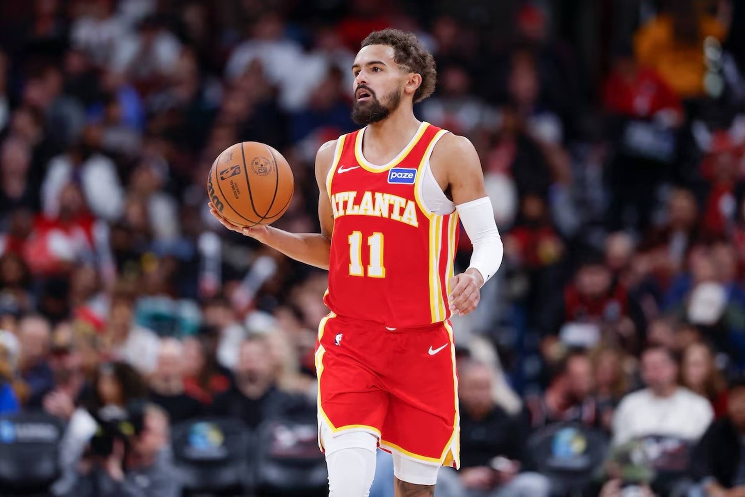 Oct 27, 2025; Chicago, Illinois, USA; Atlanta Hawks guard Trae Young (11) brings the ball up court against the Chicago Bulls during the second half at United Center. Mandatory Credit: Kamil Krzaczynski-Imagn Images