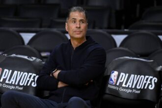 Los Angeles, California, USA; Los Angeles Lakers vice president of basketball operations and general manager Rob Pelinka looks on prior to game six of the 2023 NBA playoffs against the Memphis Grizzlies at Crypto.com Arena. Mandatory Credit: Jayne Kamin-Oncea-Imagn Images