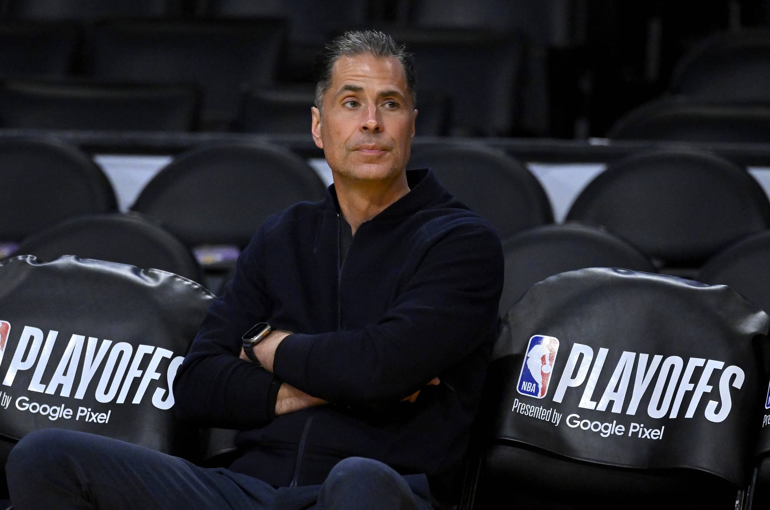 Los Angeles, California, USA; Los Angeles Lakers vice president of basketball operations and general manager Rob Pelinka looks on prior to game six of the 2023 NBA playoffs against the Memphis Grizzlies at Crypto.com Arena. Mandatory Credit: Jayne Kamin-Oncea-Imagn Images