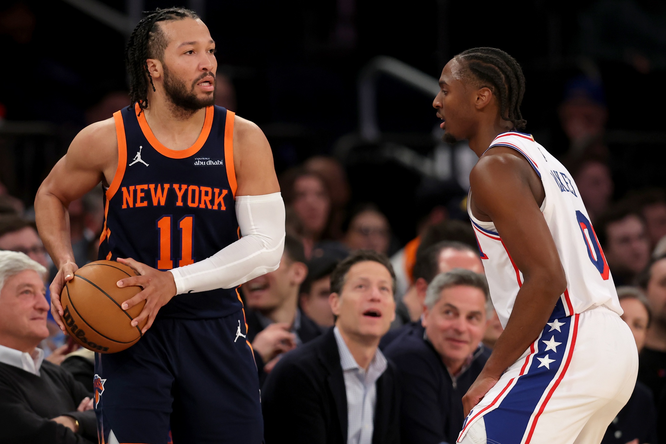 Feb 26, 2025; New York, New York, USA; New York Knicks guard Jalen Brunson (11) looks to in bound the ball against Philadelphia 76ers guard Tyrese Maxey (0) during the fourth quarter at Madison Square Garden. Mandatory Credit: Brad Penner-Imagn Images